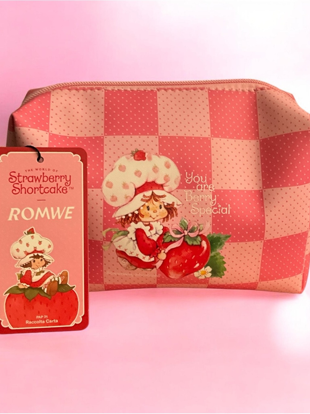 ROMWE Pink Check Strawberry Shortcake Cosmetic Pouch